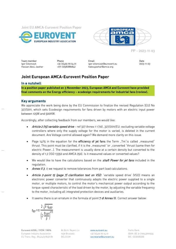 Eurovent-AMCA Position on industrial fans regulation