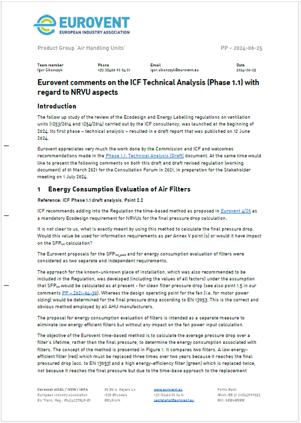 Eurovent comments on the ICF Technical Analysis (Phase 1.1) with regard to NRVU aspects