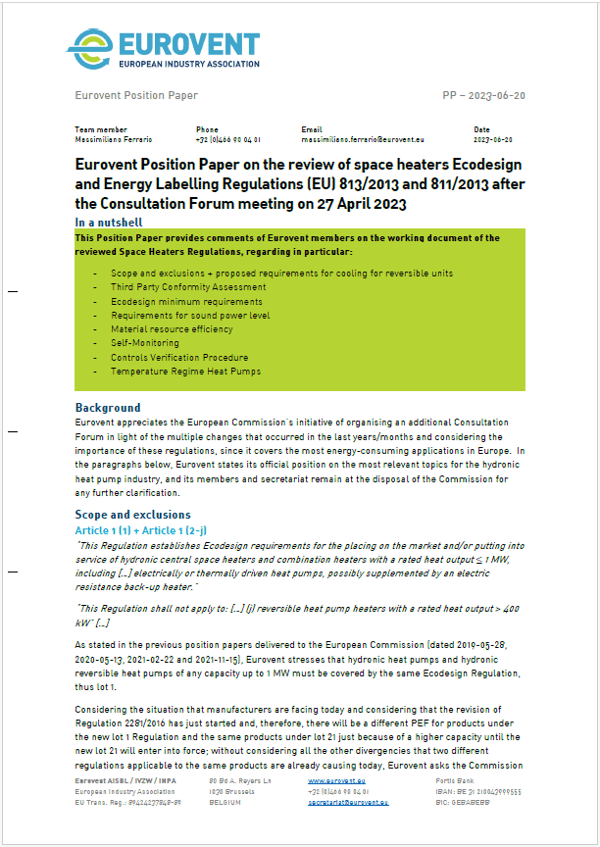 Eurovent Position Paper on the review of space heaters Ecodesign and Energy Labelling Regulations (EU) 813/2013 and 811 /2013