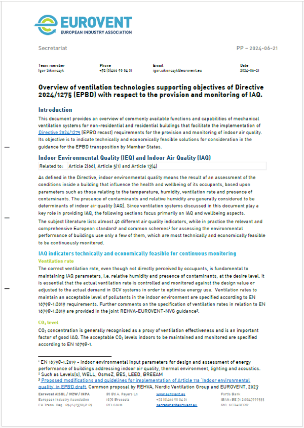 Overview of ventilation technologies supporting objectives of Directive 2024/1275 (EPBD)