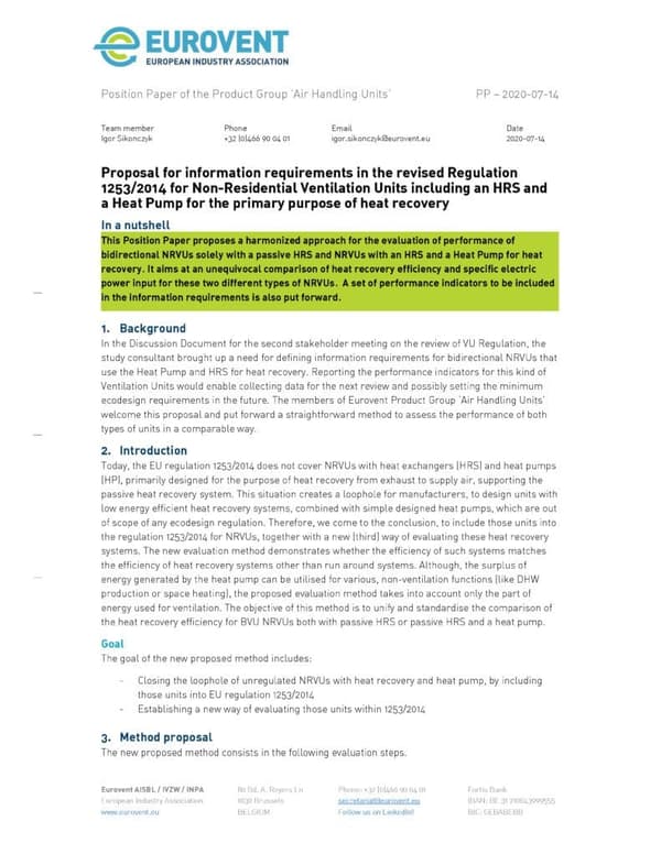 Eurovent proposal for information requirements for NRVU with HP and HRS
