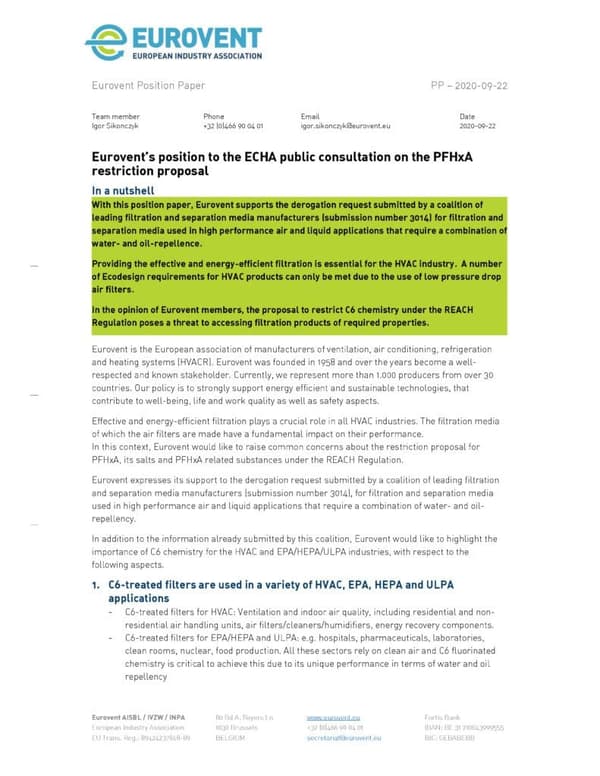 Eurovent Position on PFHxA restriction proposal