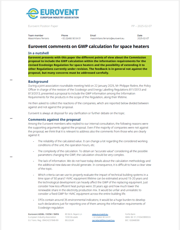 Eurovent comments on GWP calculation for space heaters