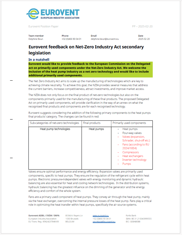 Eurovent feedback on Net-Zero Industry Act secondary legislation (Delegated Act)