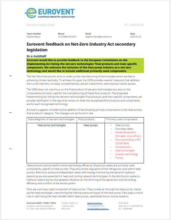 Eurovent feedback on Net-Zero Industry Act secondary legislation (Implementing Act)