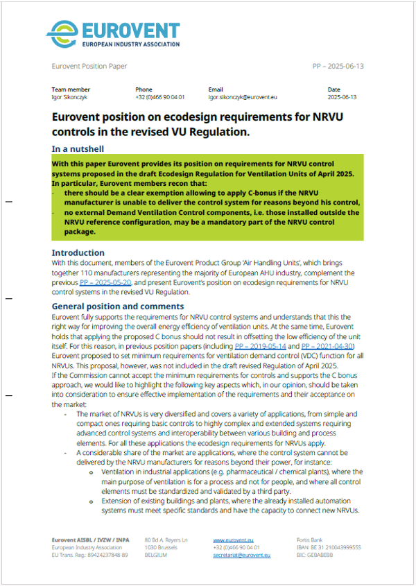 Eurovent position on Ecodesign requirements for NRVU controls in the revised VU Regulation