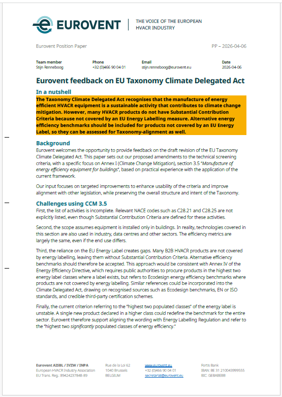 Eurovent feedback on EU Taxonomy Climate Delegated Act