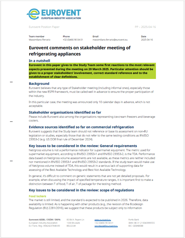Eurovent comments on stakeholder meeting of refrigerating appliances
