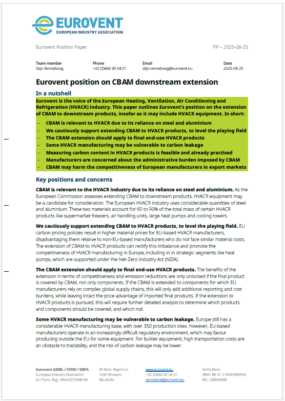 Eurovent position on CBAM downstream extension