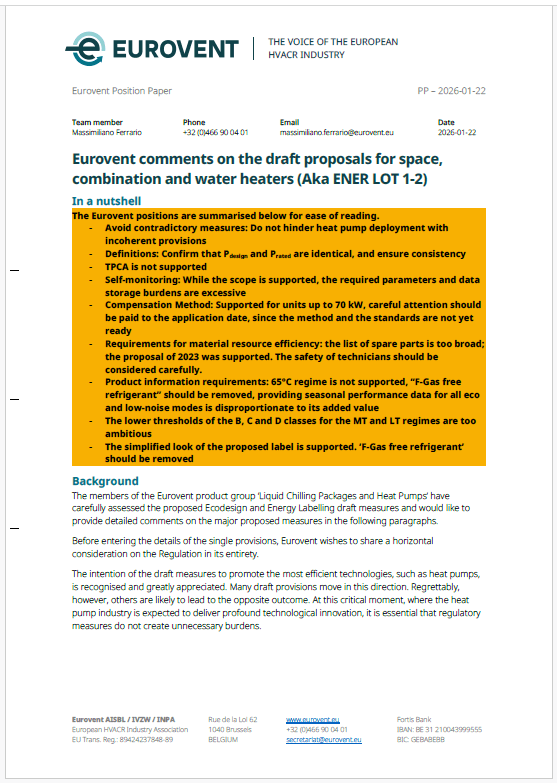 Eurovent comments on the draft proposals for space, combination and water heaters