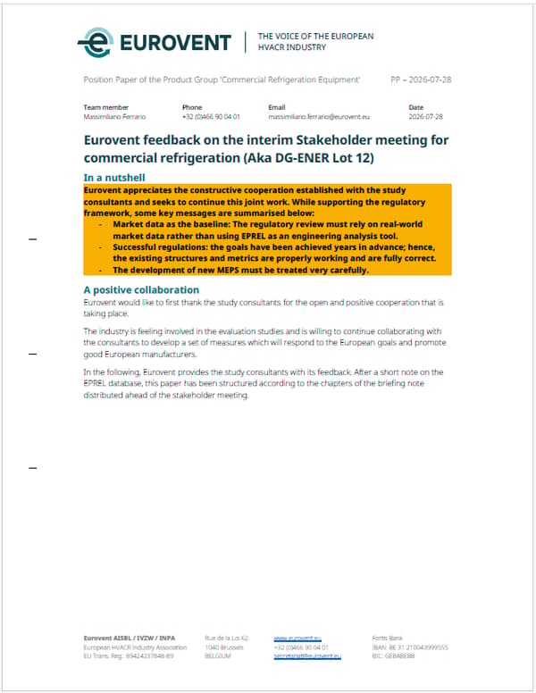 Eurovent feedback on the interim Stakeholder meeting for commercial refrigeration