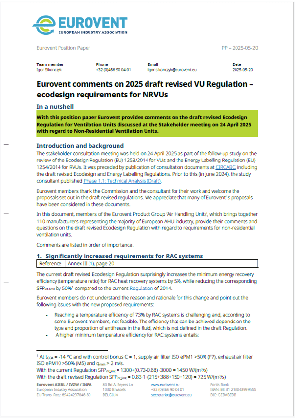 Eurovent comments on 2025 draft revised VU Regulation – Ecodesign requirements for NRVUs