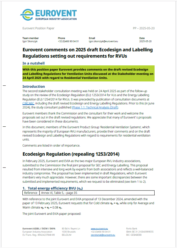 Eurovent comments on 2025 draft Ecodesign & Labelling Regulations for RVUs