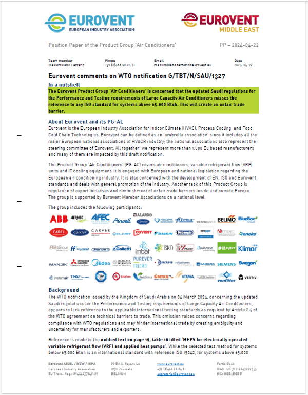 Eurovent comments on WTO notification G/TBT/N/SAU/1327