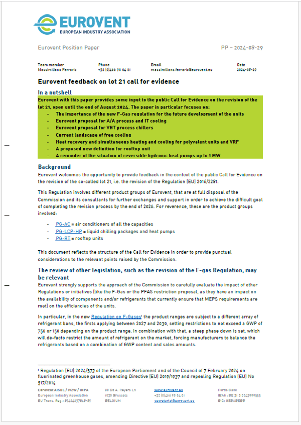 Eurovent feedback on Lot 21 call for evidence