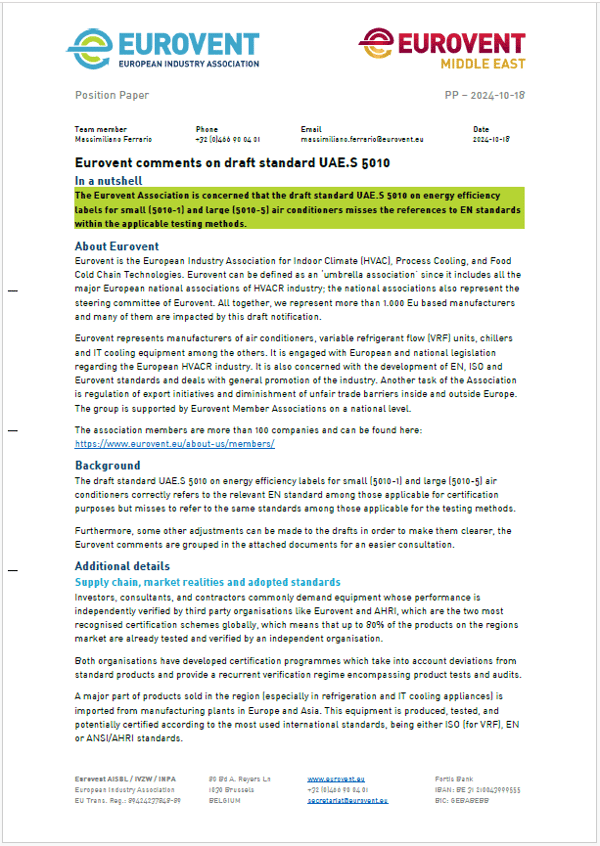 Eurovent comments on draft standard UAE.S 5010