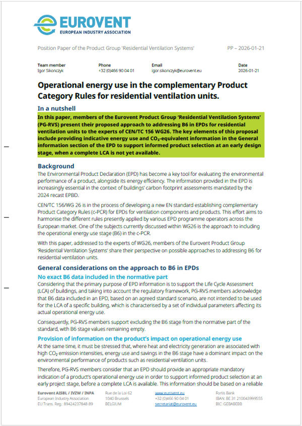 Eurovent proposal on the operational energy use in the cPCR for RV units