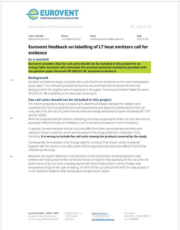 Eurovent feedback on labelling of LT heat emitters call for evidence