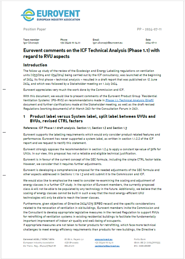Eurovent comments on the ICF Technical Analysis (Phase 1.1) with regard to RVU aspects