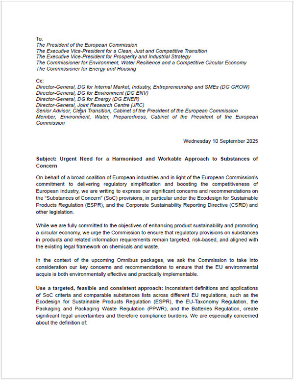 Joint industry letter on Substances of Concern (SoC)