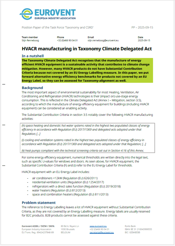 Eurovent position on the HVACR manufacturing in the Taxonomy Climate Delegated Act