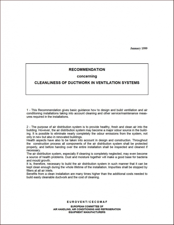 Eurovent 6/7: Recommendation concerning cleanliness of ductwork in ventilation systems