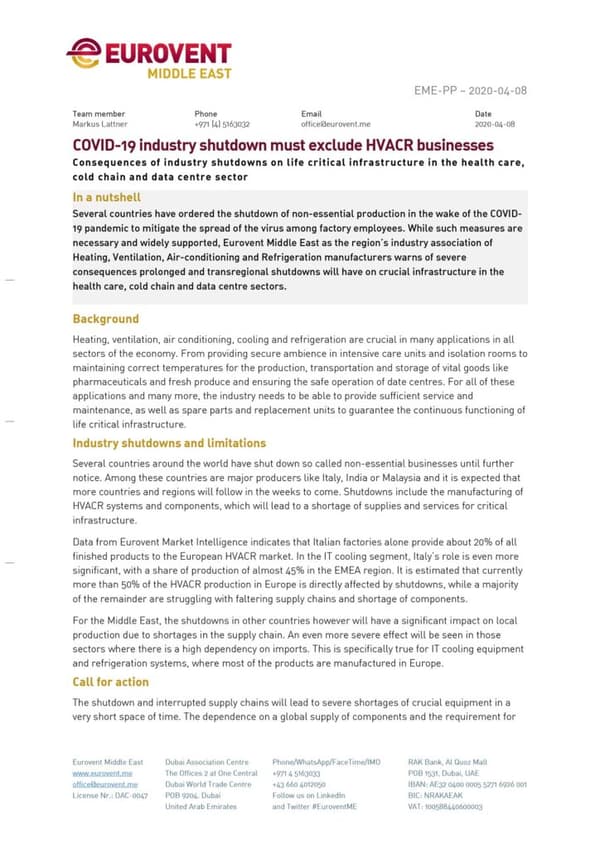 Position Paper: COVID-19 industry shutdown must exclude HVACR businesses