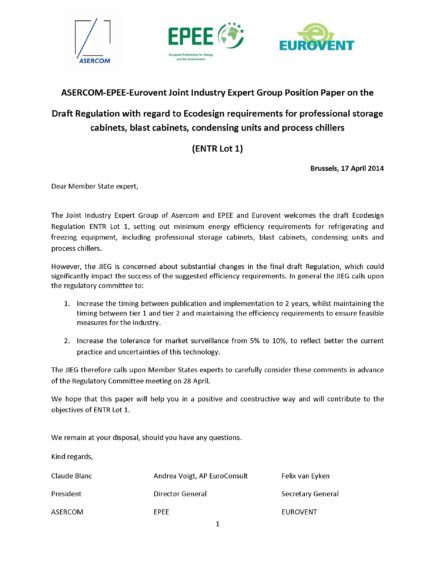 PP - 2014-04-17 - Joint position Eurovent-EPEE-Asercom on tolerances