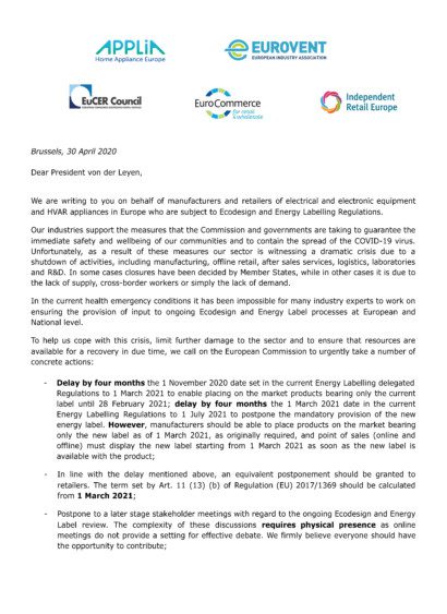 PP - 2020-04-30 - Joint Industry letter to President von der Leyen Regulation 2016 2281