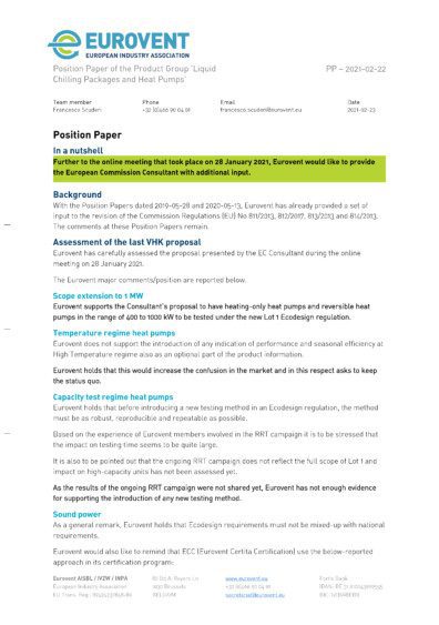 PP - 2021-02-22 - Eurovent Position Paper on the Review of Lot1-2