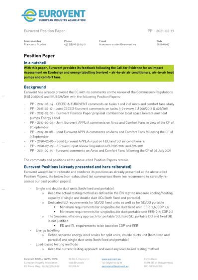 PP - 2022-02-16 - Eurovent comments  Call for evidence IA ED and