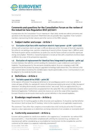 PP - 2022-03-30 - Draft Eurovent comments to CF on Fan regulation