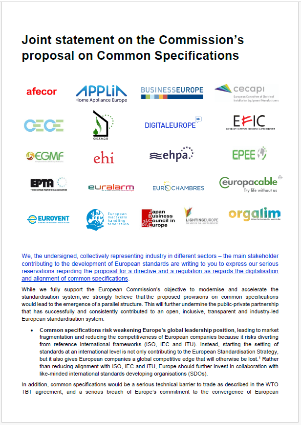 Joint letter on Common Specifications